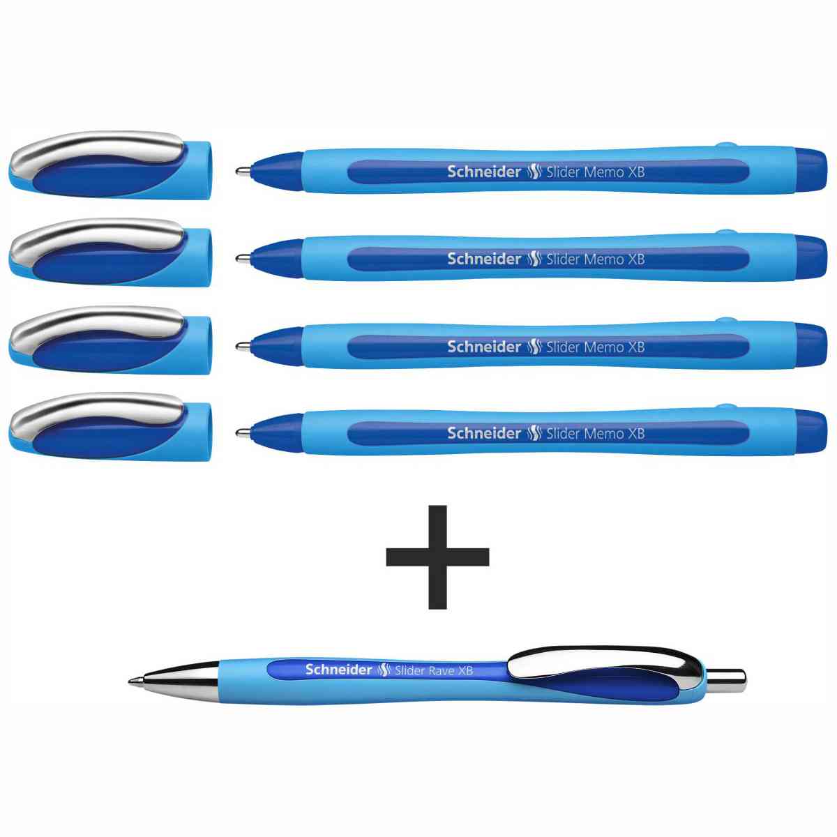SCHNEIDER Kugelschreiber Slider Memo XB blau 4 Stück + Rave GRATIS