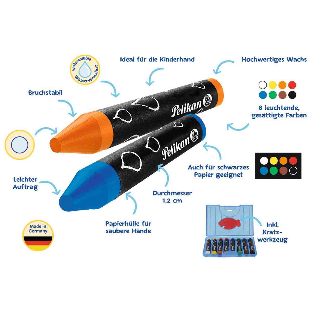PELIKAN Wachskreide rund 8 Farben wasservermalbar