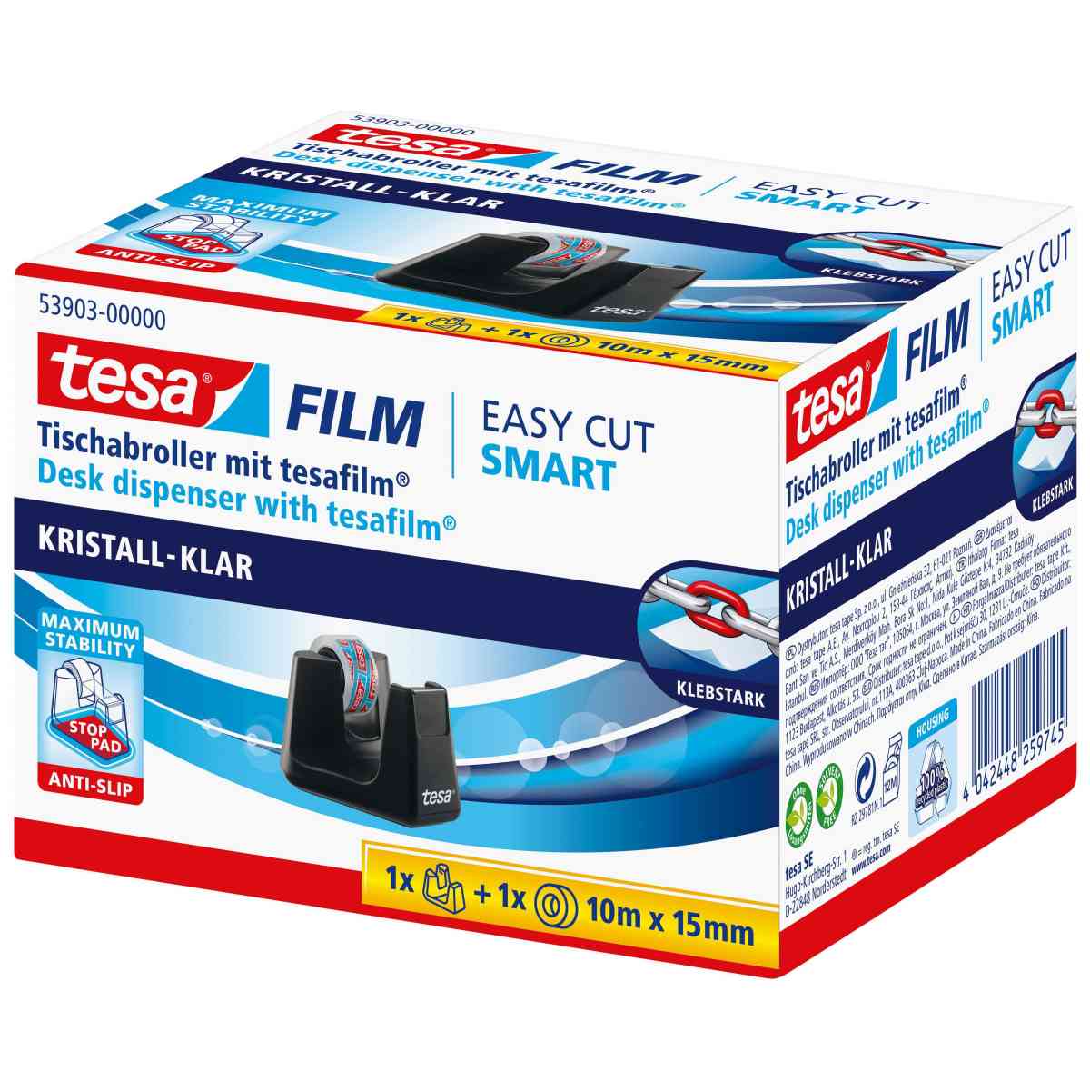 TESA Tischabroller Smart 53903 ecoLogo schwarz + 1 Rolle kristall-klar 10m x 15mm