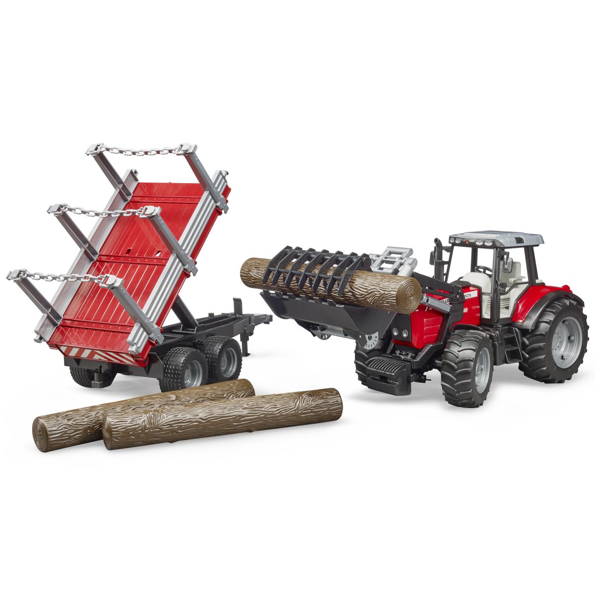 BRUDER 02046 Massey Ferguson 7480 mit Frontlader und Holztransportanhänger und 3 Baumstämmen