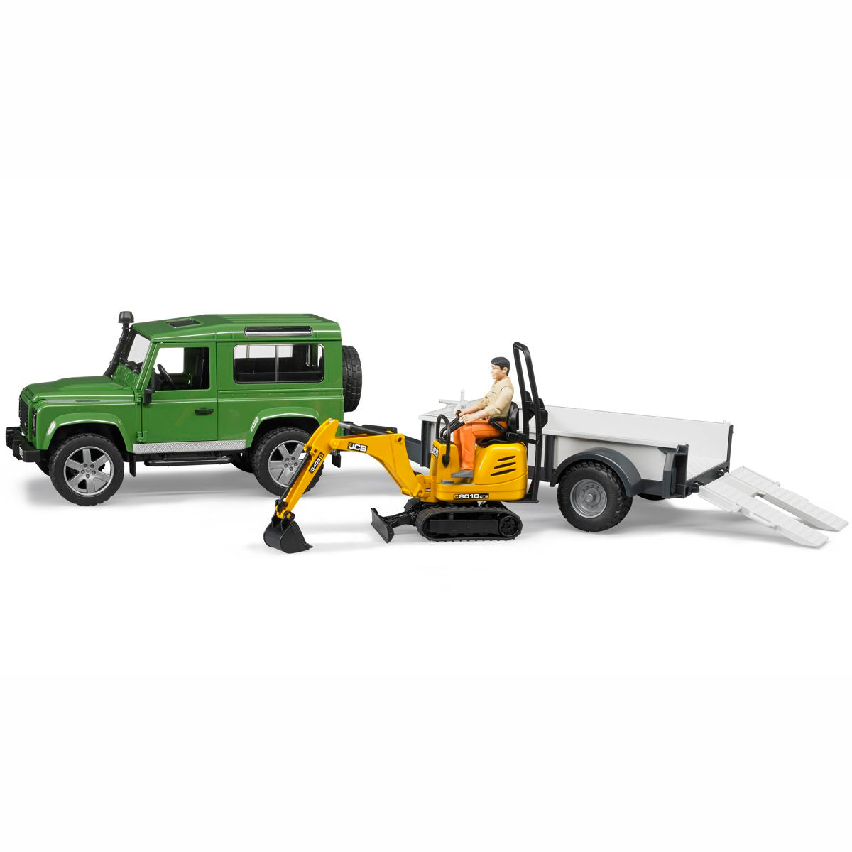 BRUDER 02593 Land Rover Defender Station Wagon mit Einachsanhänger JCB Mikrobagger 8010 CTS und Bauarbeiter