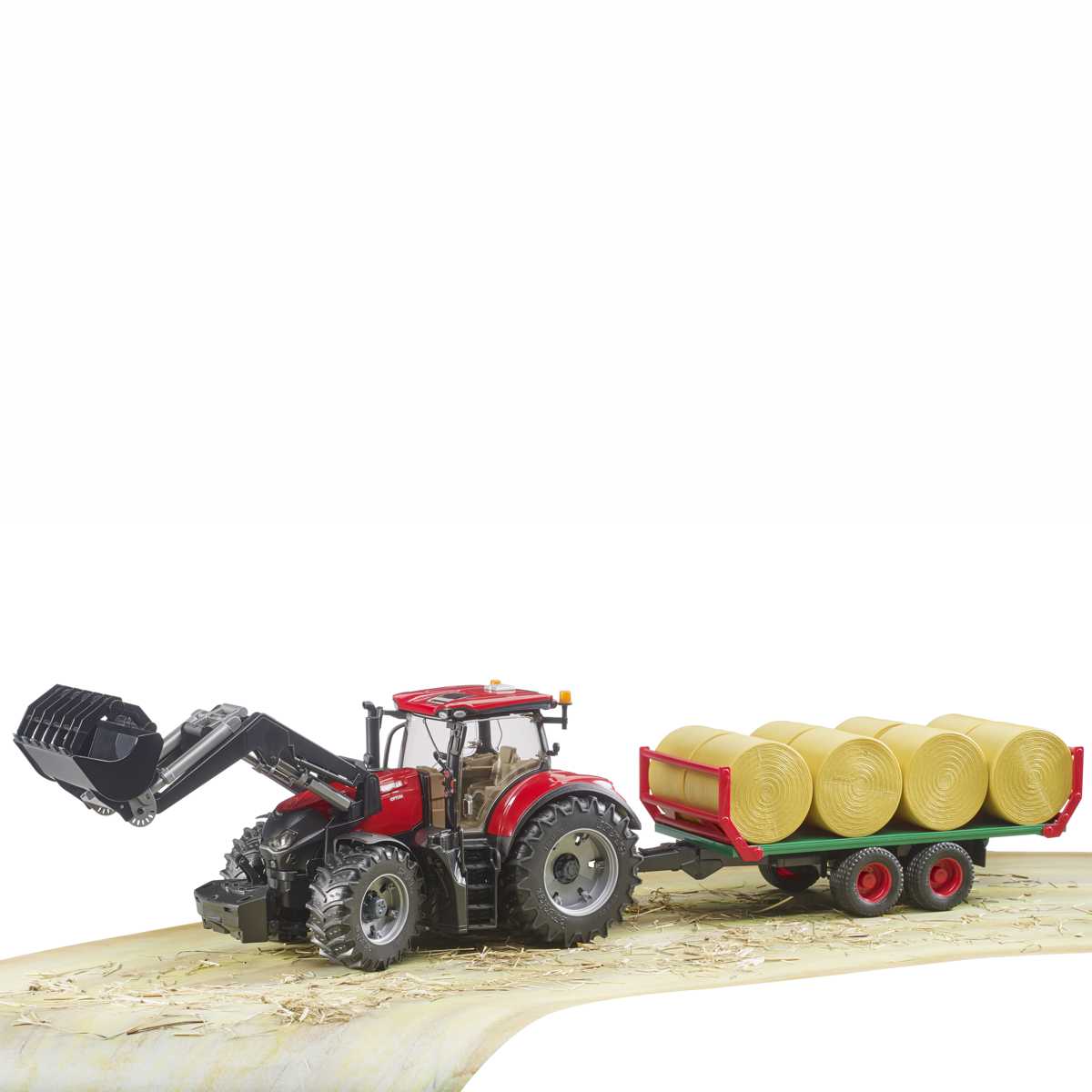 BRUDER 03198 Case IH Optum 300CVX mit Frontlader und Ballentransportanhänger mit 8 Rundballen