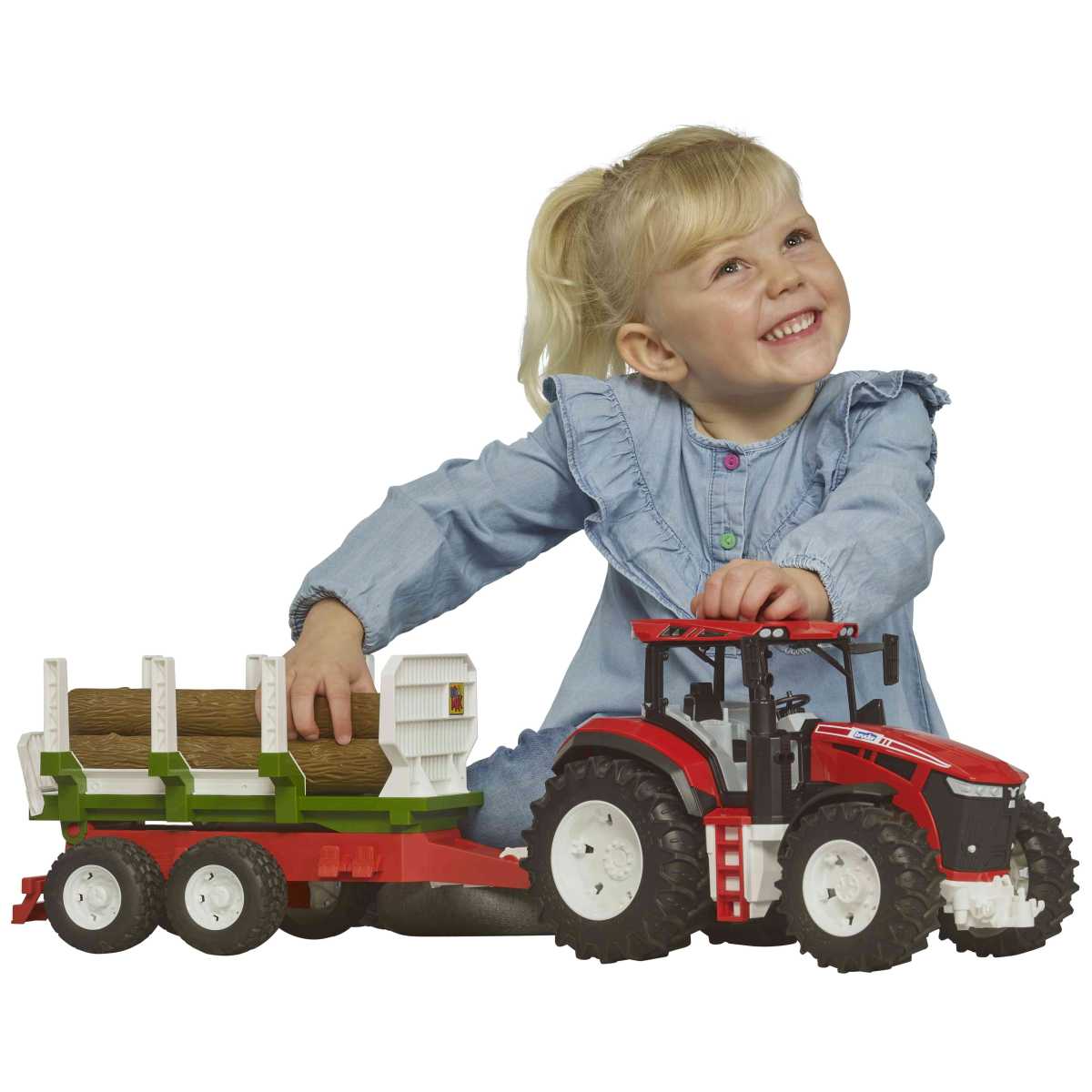 BRUDER 03453 ROADMAX Traktor mit Rückean- hänger und 3 Baumstämmen