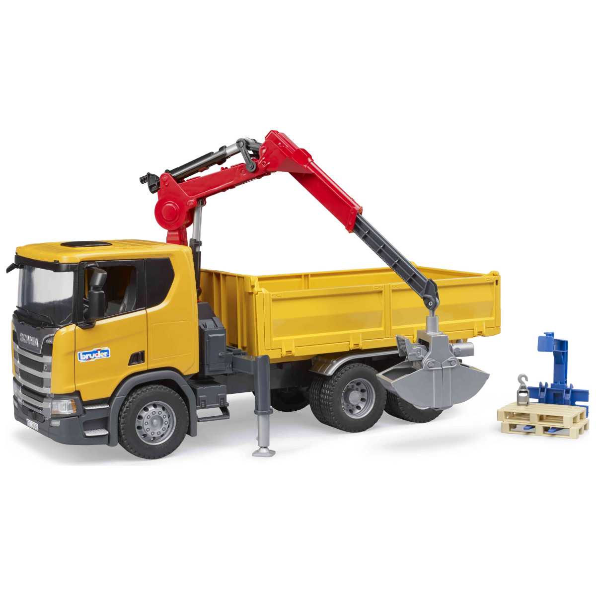 BRUDER 03551 Scania Super 560R Baustellen-LKW mit Kran und 2 Paletten