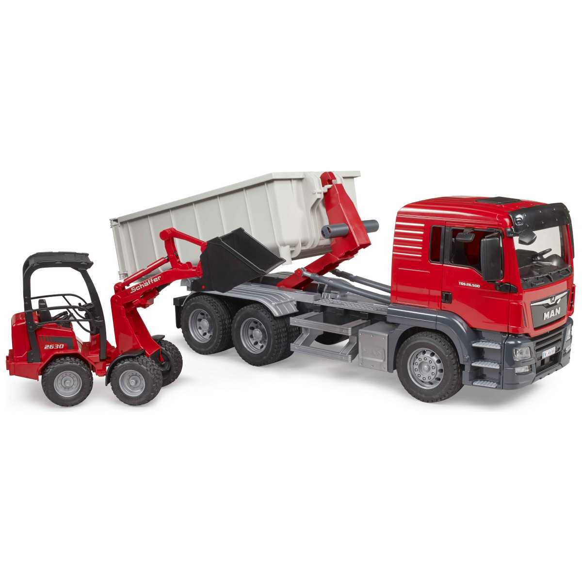 BRUDER 03767 MAN TGS LKW mit Abrollcontainer und Schäffer Hoflader 2630