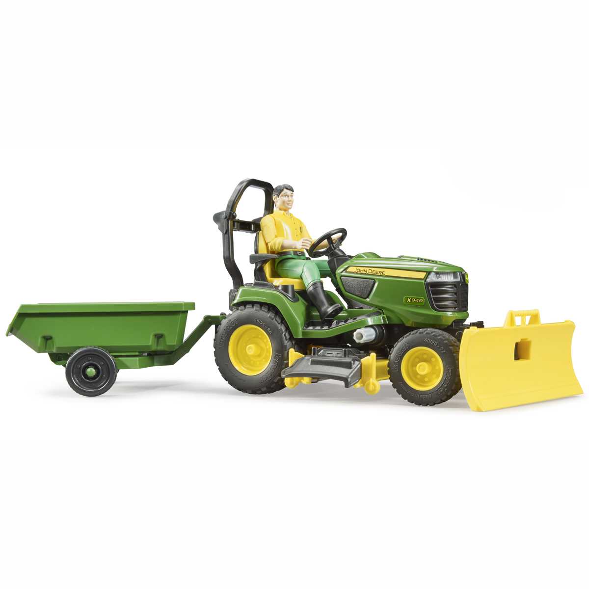 BRUDER 62104 bworld John Deere Aufsitzrasenmäher
mit Anhänger und Gärtner