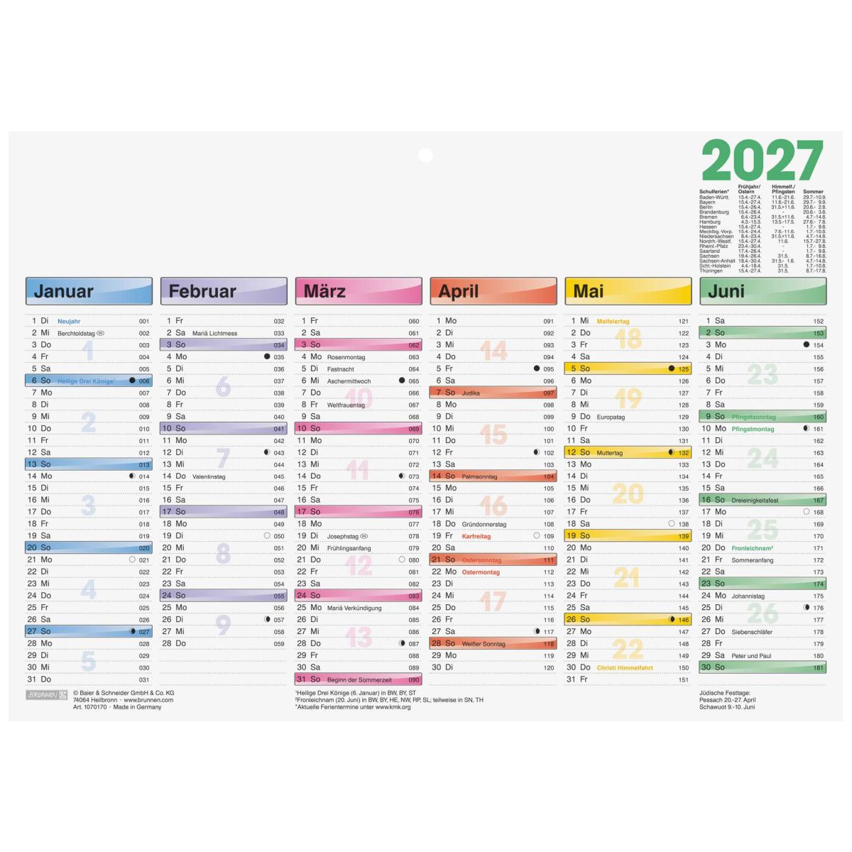 BRUNNEN Tafelkalender A4 2027 1 Seite = 6 Monate DATAline Arbeitstagezählung