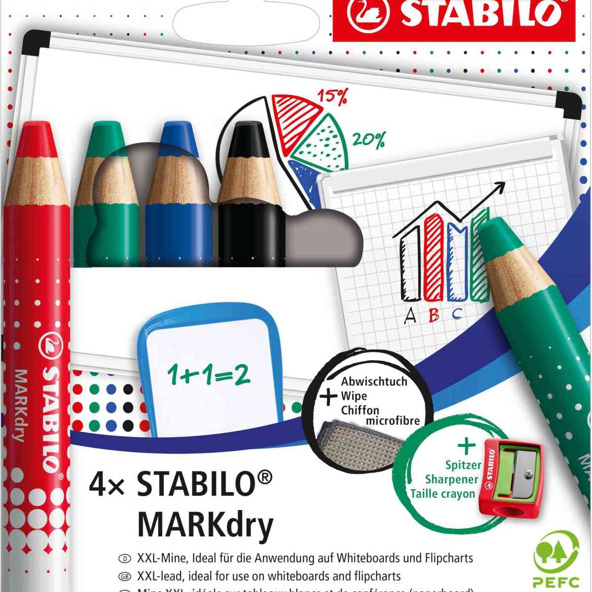 STABILO Whiteboard- und FlipChart Marker MARKdry 4 Farben + Spitzer
