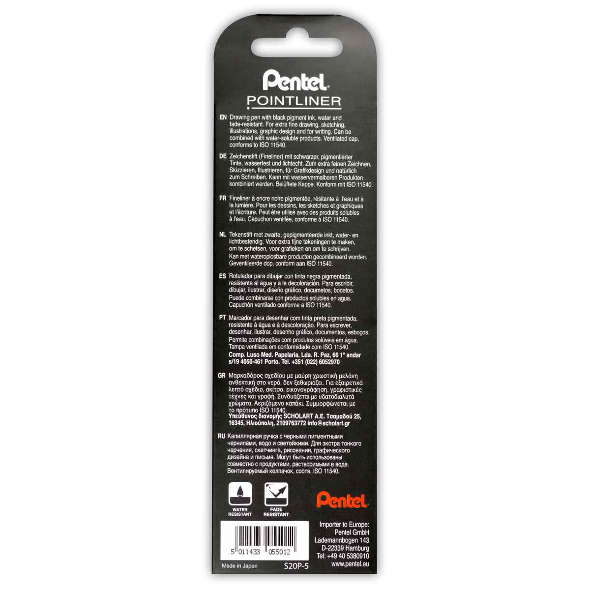 PENTEL Pigmentliner S20P 5 Strichstärken schwarz 0,05 | 0,1 | 0,3 | 0,5 | 0,8mm