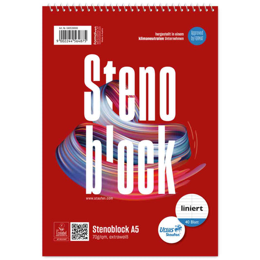 STAUFEN Spiralblock A5 mit Mittellinie Stenoblock / Vobabelblock 40 Blatt