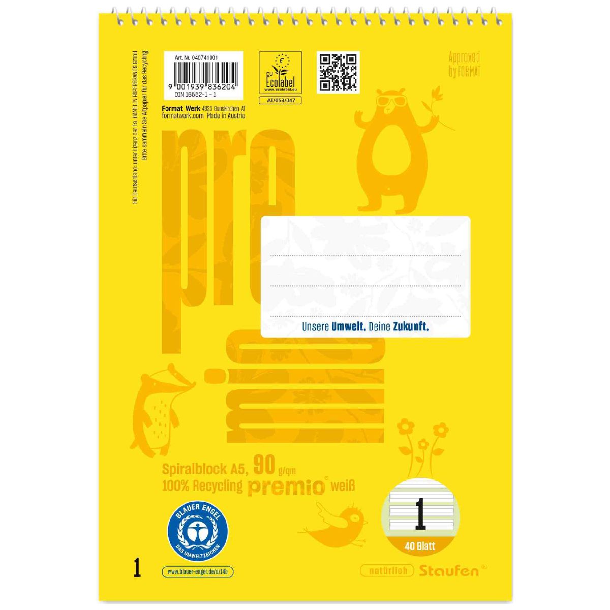 STAUFEN Spiralblock PREMIO A5 40 Blatt LIN 1 liniert 1. Klasse