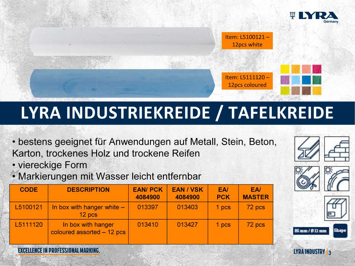 LYRA Industriekreide / Tafelkreide farbig 12x12mm 12 Stück ohne Papierhülle