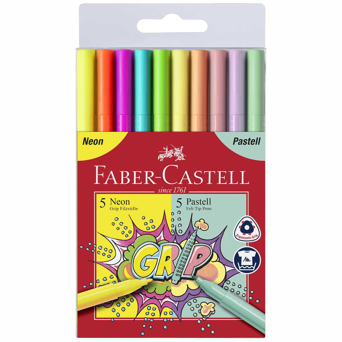 FABER CASTELL Filzstift Grip Neon + Pastell 10 Farben Etui