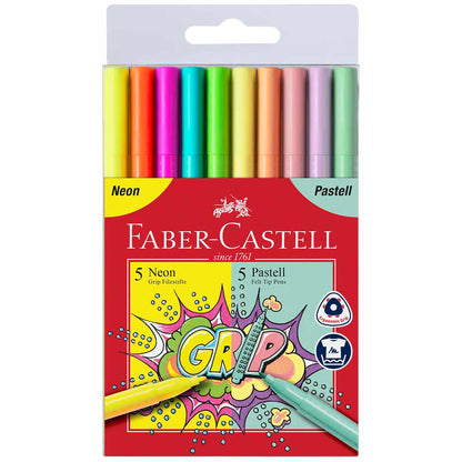 FABER CASTELL Filzstift Grip Neon + Pastell 10 Farben Etui