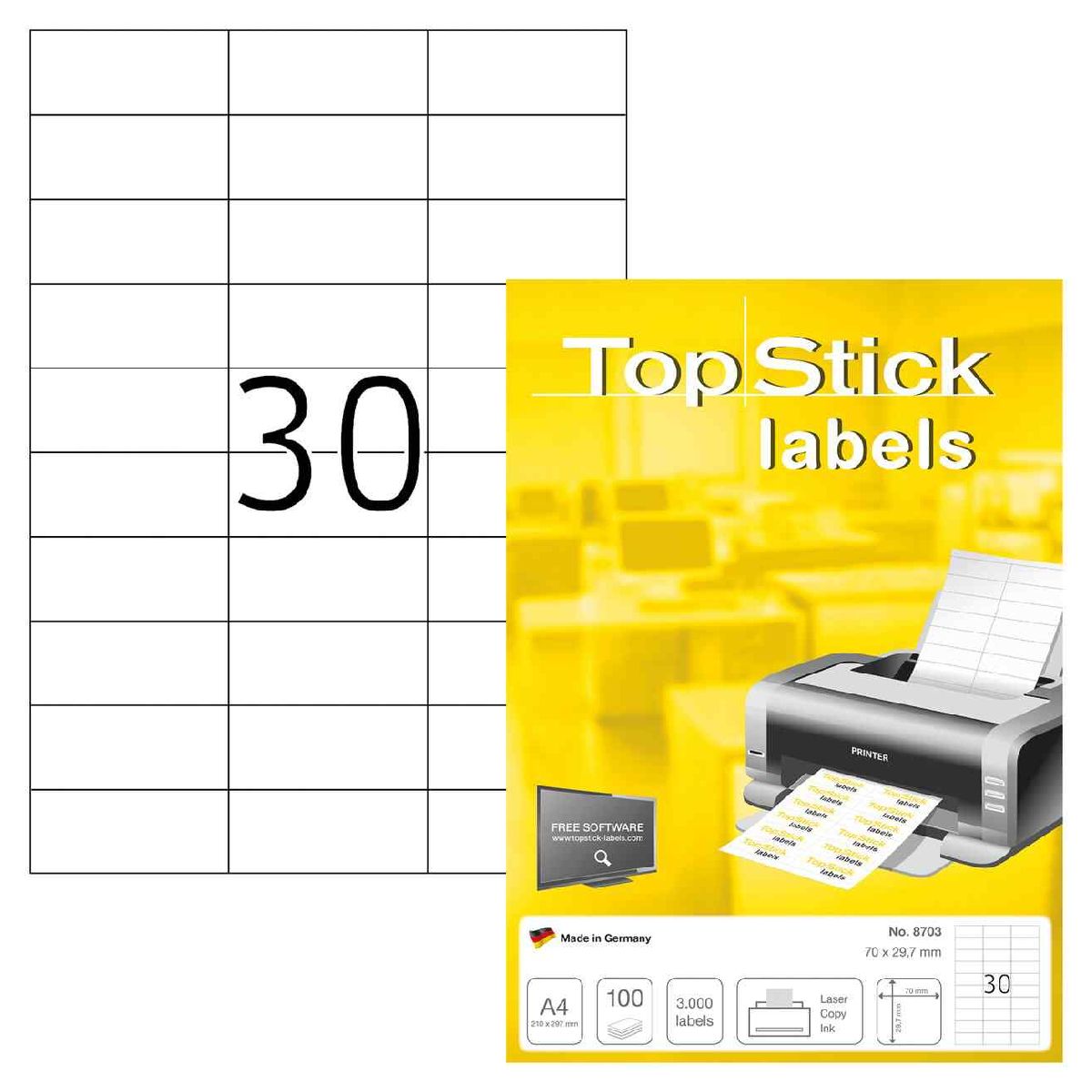 Etiketten A4 70 x 29,7mm weiß 100 Blatt = 3000 Stück