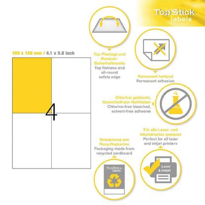 Etiketten A4 105 x 148mm 100 Blatt = 400 Stück