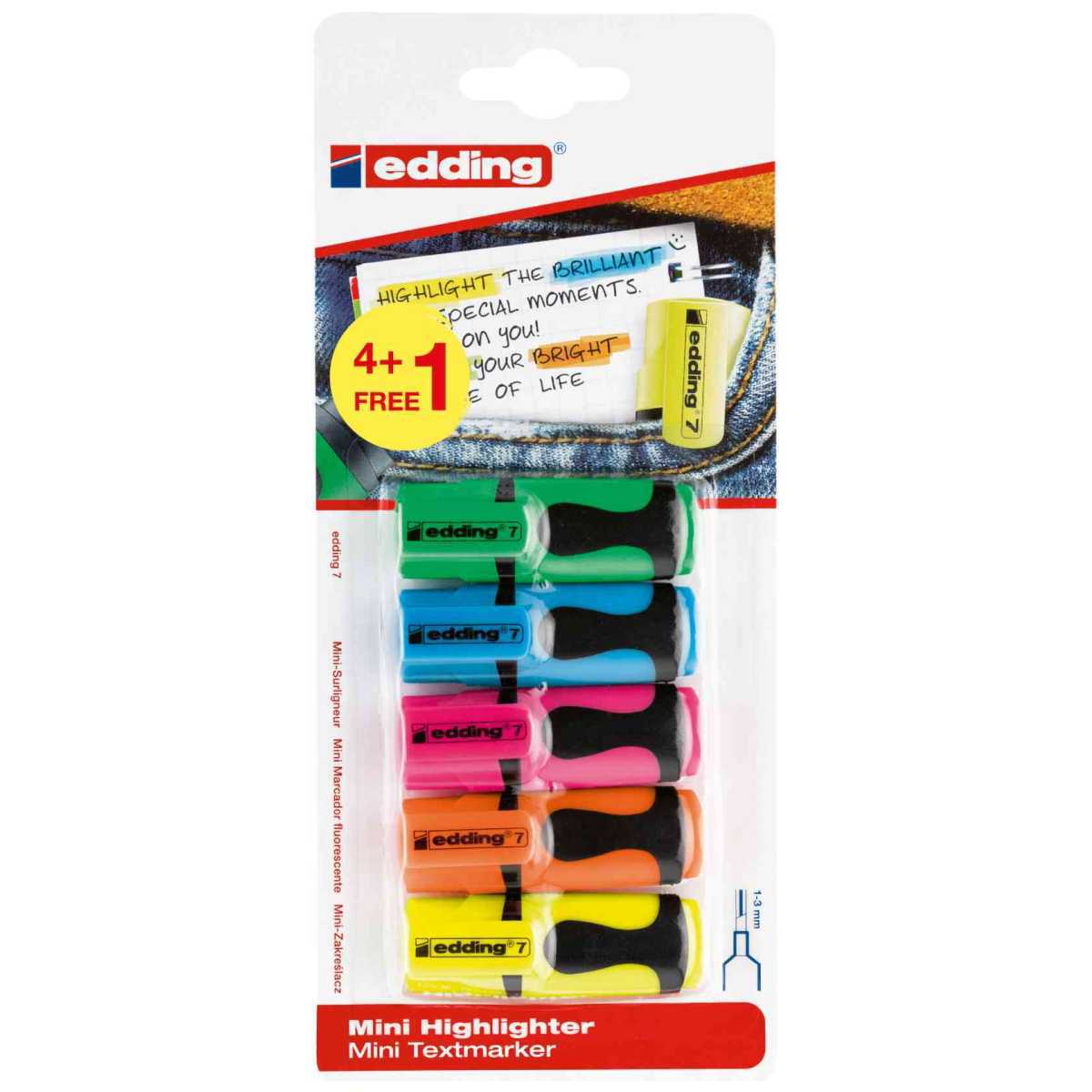 EDDING Textmarker 7 Mini Set 4 Farben 1-3mm 4+1 Gratis