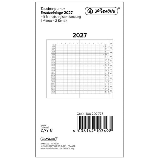HERLITZ Faltkalender Ersatzeinlage 2027 mit Registger 95x160mm 1Monat=2Seiten