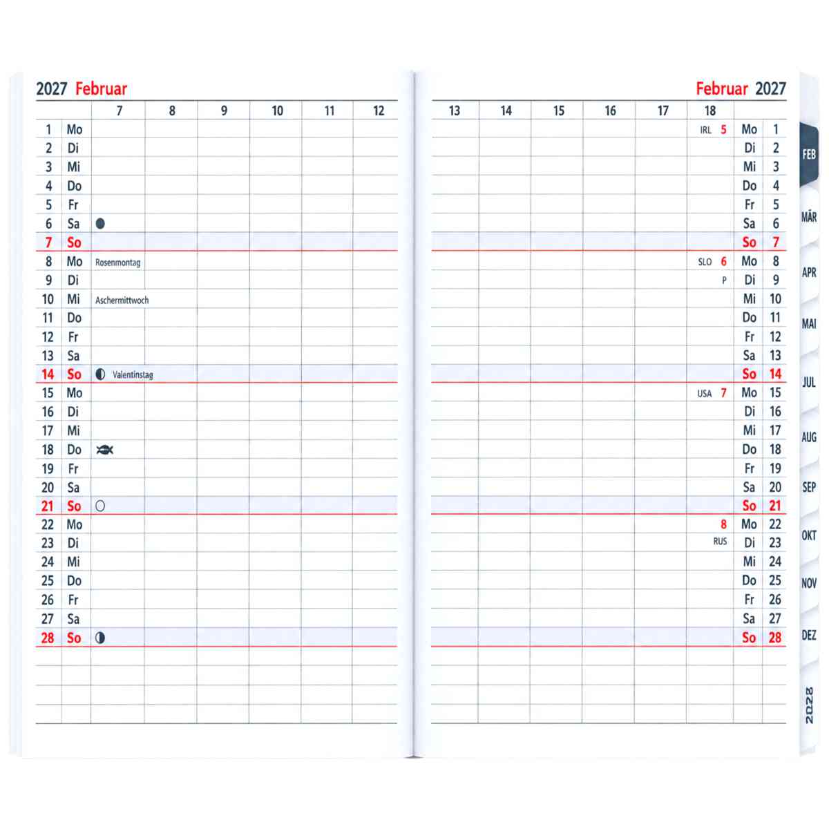 HERLITZ Faltkalender Ersatzeinlage 2027 mit Registger 95x160mm 1Monat=2Seiten