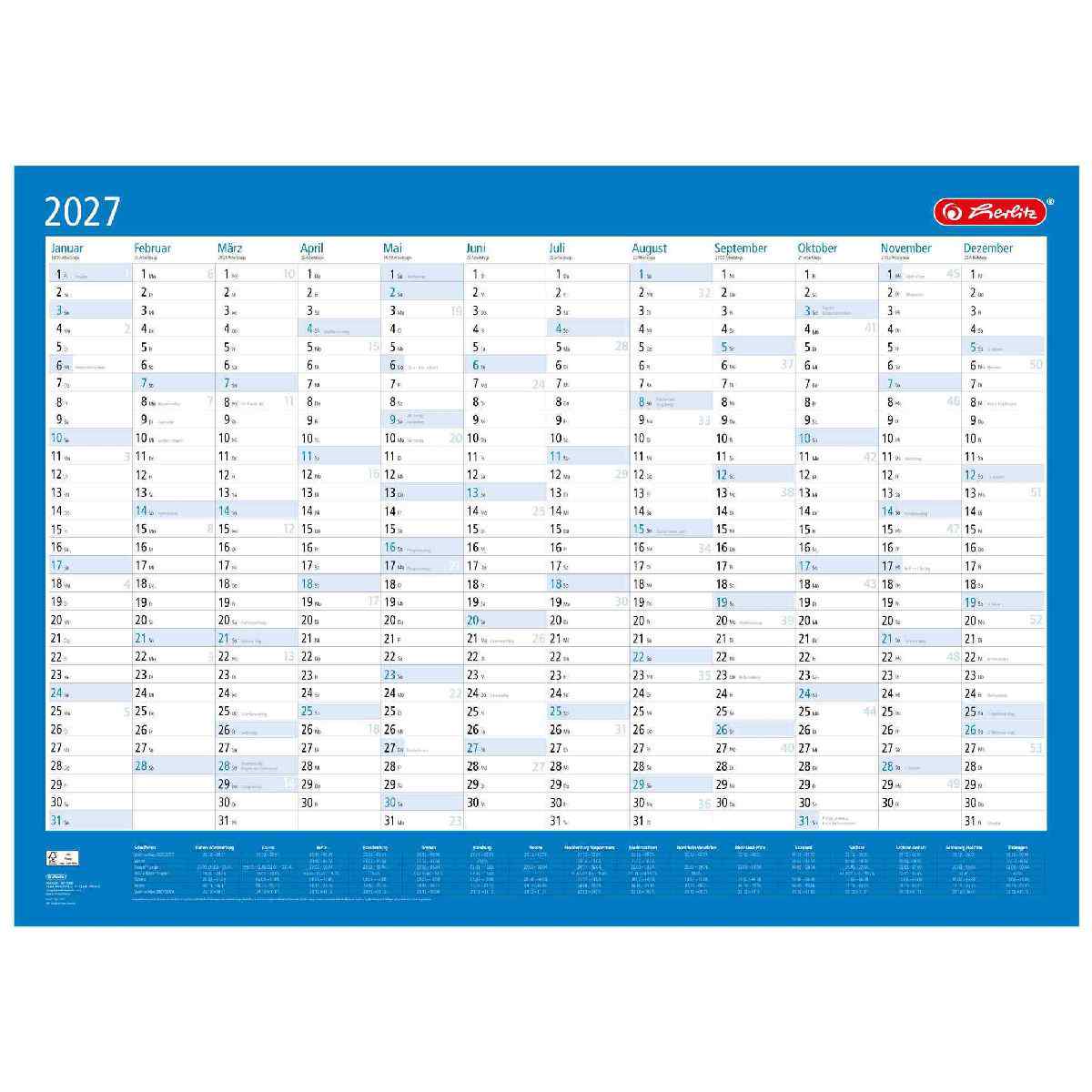 HERLITZ Plakatkalender 2027 84x60cm abwischbar 1 Seite = 12 Monate