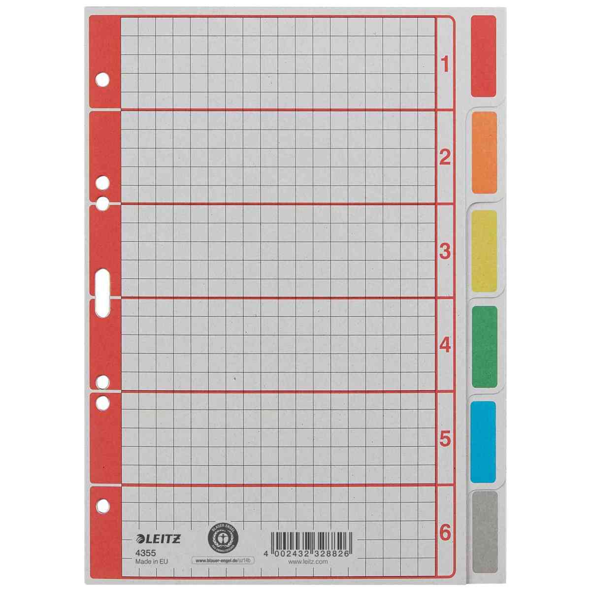 LEITZ Kartonregister Blanko A5 6-teilig grau mit Farbtab