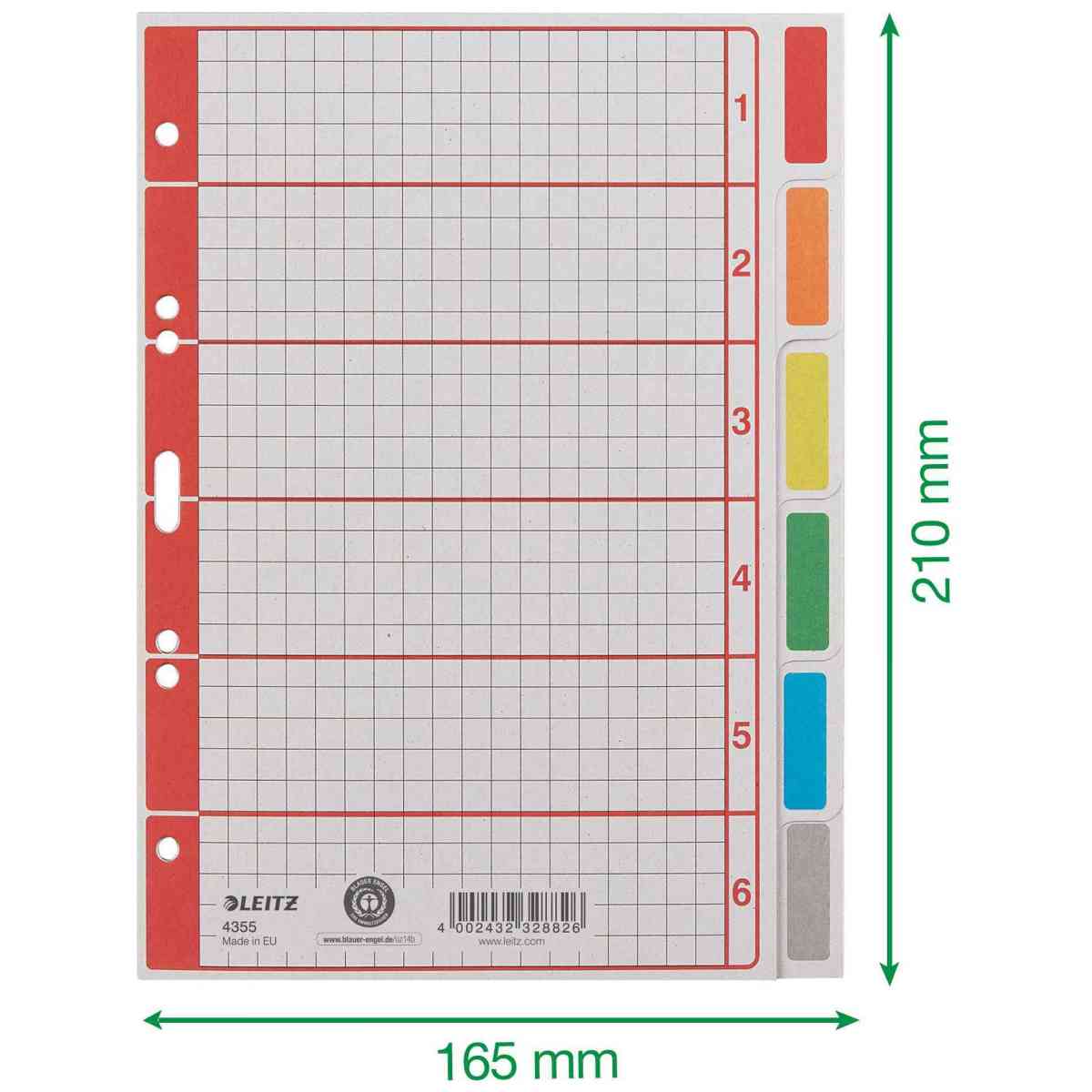 LEITZ Kartonregister Blanko A5 6-teilig grau mit Farbtab