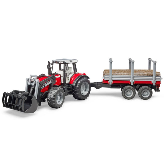 BRUDER 02046 Massey Ferguson 7480 mit Frontlader und Holztransportanhänger und 3 Baumstämmen