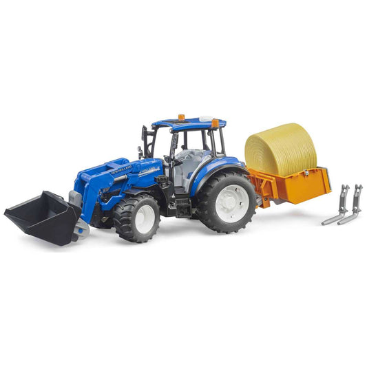 BRUDER 02187 New Holland T5.120 mit Frontlader, Ladekasten, Gabeln + 1 Rundballen