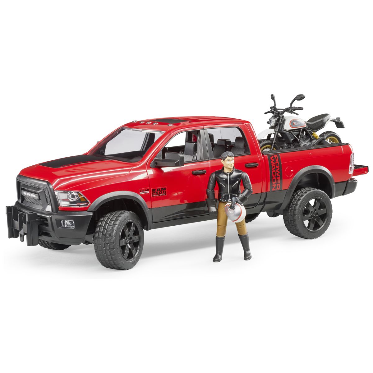 BRUDER 02502 RAM 2500 Power Wagon mit 
Scrambler Ducati Desert Sled und Fahrer