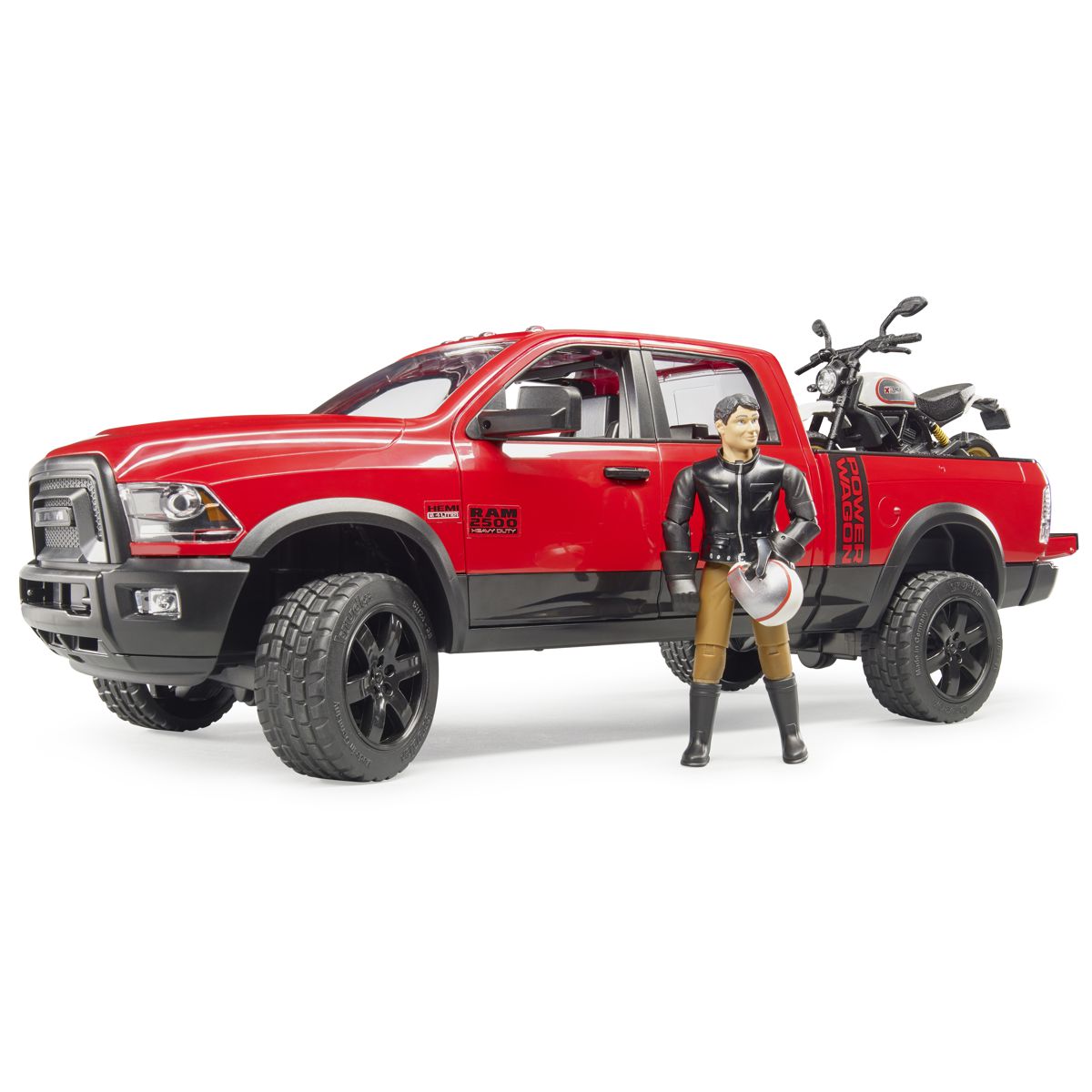 BRUDER 02502 RAM 2500 Power Wagon mit 
Scrambler Ducati Desert Sled und Fahrer