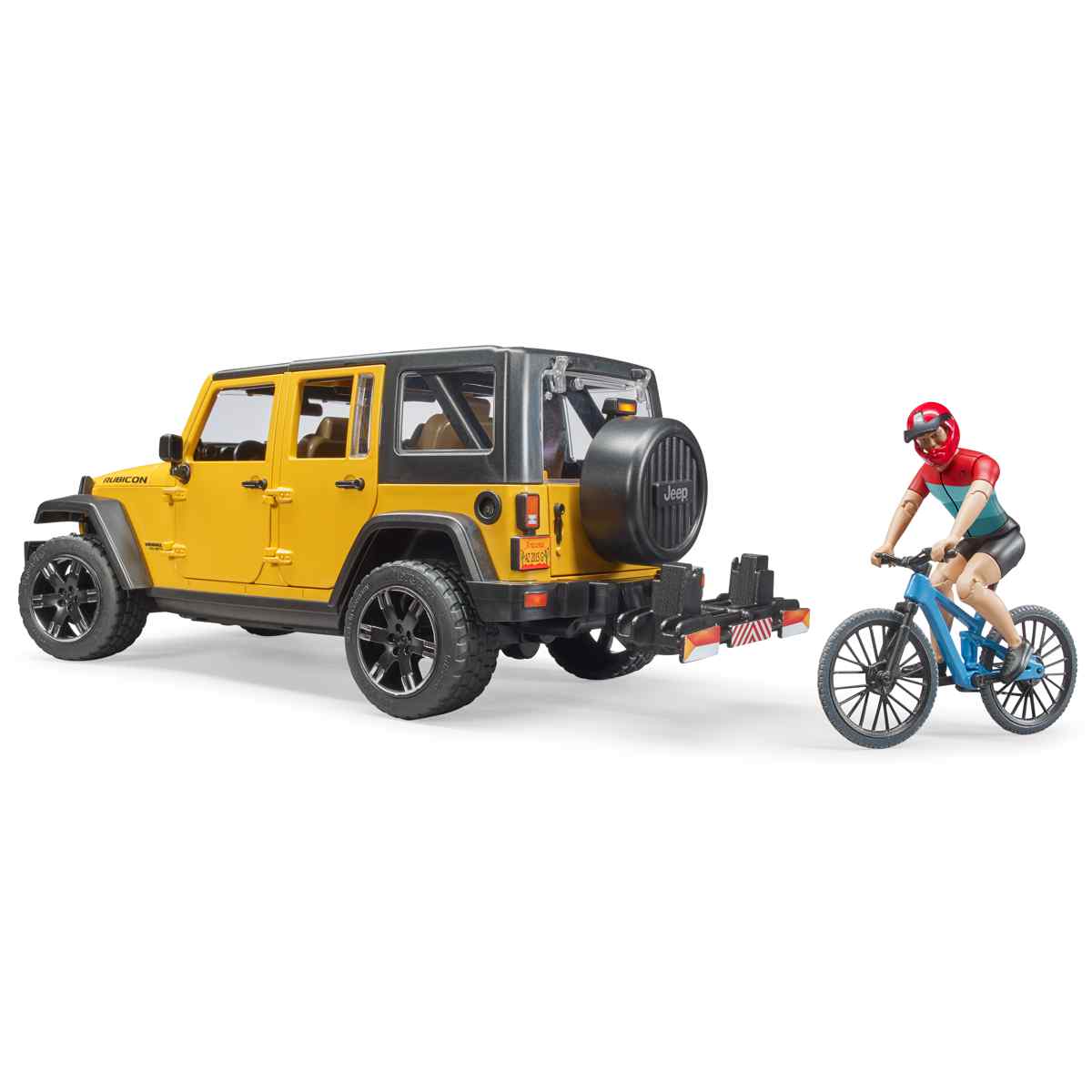 BRUDER 02543 Jeep Wrangler Rubicon Unlimited mit 
Mountainbike und Radfahrer