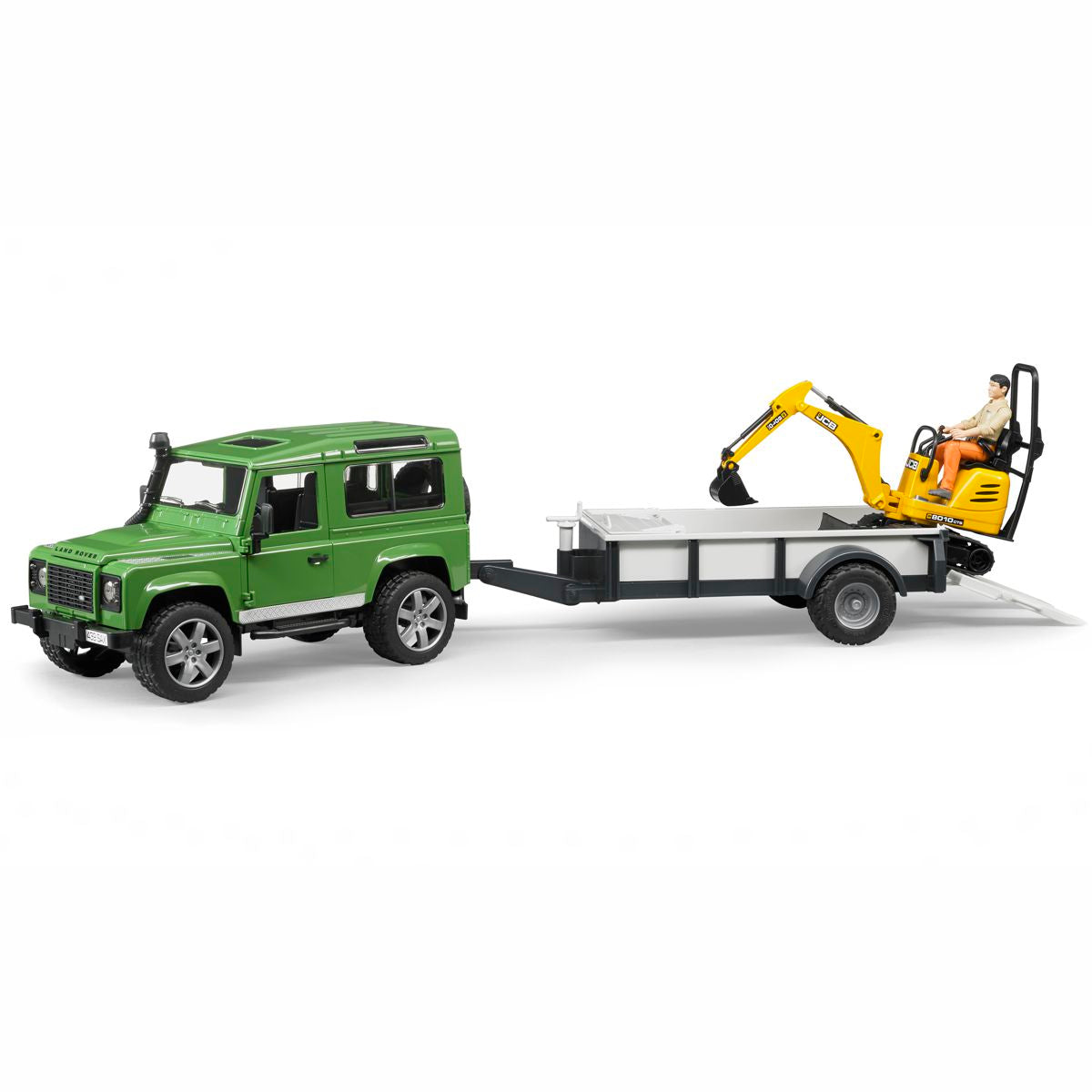 BRUDER 02593 Land Rover Defender Station Wagon mit Einachsanhänger JCB Mikrobagger 8010 CTS und Bauarbeiter