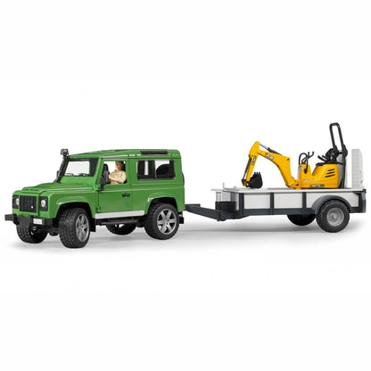BRUDER 02593 Land Rover Defender Station Wagon mit Einachsanhänger JCB Mikrobagger 8010 CTS und Bauarbeiter