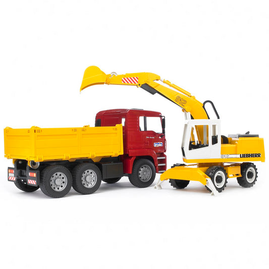 BRUDER 02751 MAN TGA Kipplastwagen mit Liebherr Schaufelbagger
