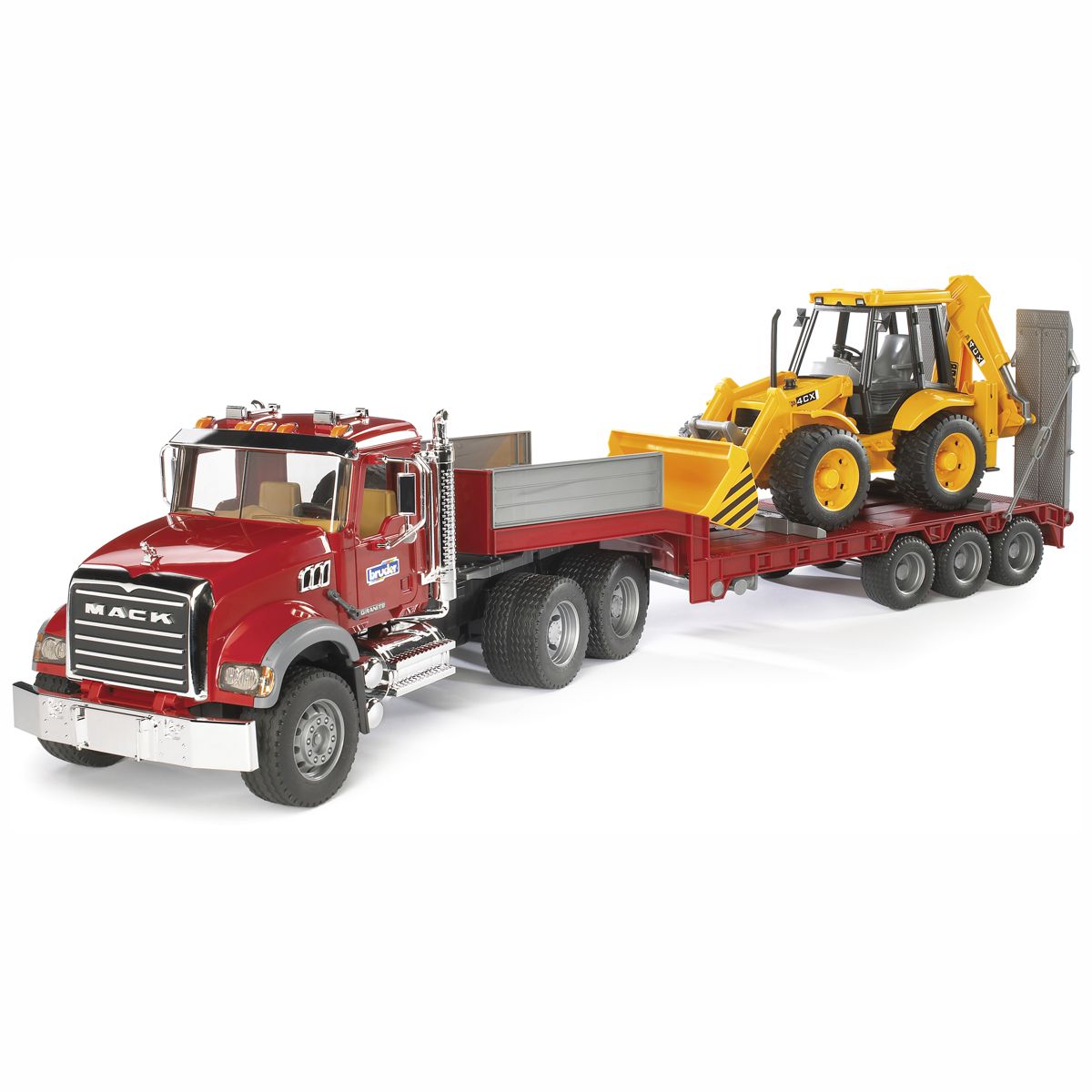 BRUDER 02813 MACK Granite LKW mit Tieflader und JCB 4CX Baggerlader