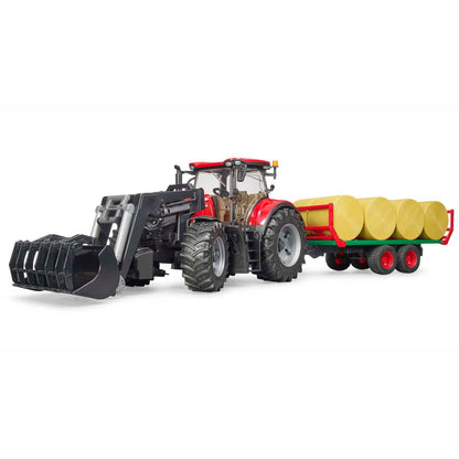 BRUDER 03198 Case IH Optum 300CVX mit Frontlader und Ballentransportanhänger mit 8 Rundballen