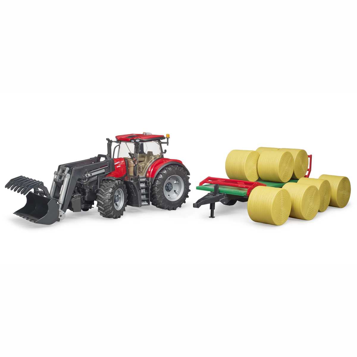 BRUDER 03198 Case IH Optum 300CVX mit Frontlader und Ballentransportanhänger mit 8 Rundballen