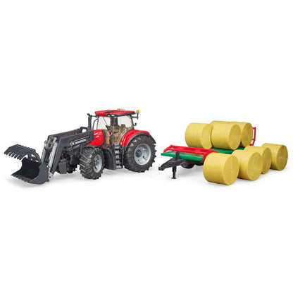 BRUDER 03198 Case IH Optum 300CVX mit Frontlader und Ballentransportanhänger mit 8 Rundballen