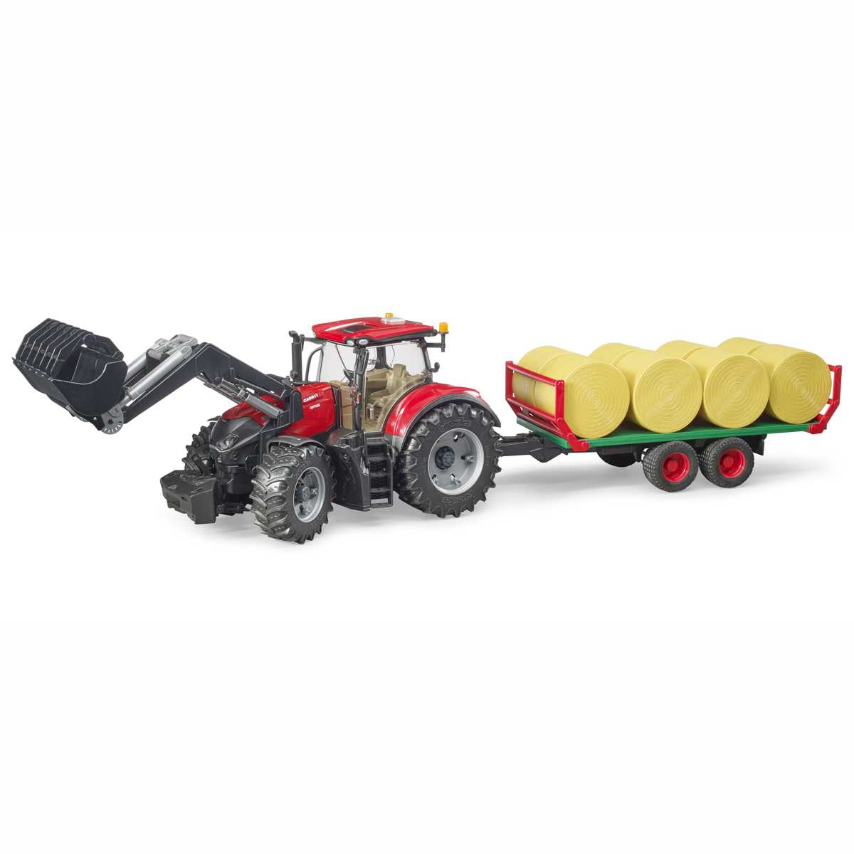 BRUDER 03198 Case IH Optum 300CVX mit Frontlader und Ballentransportanhänger mit 8 Rundballen
