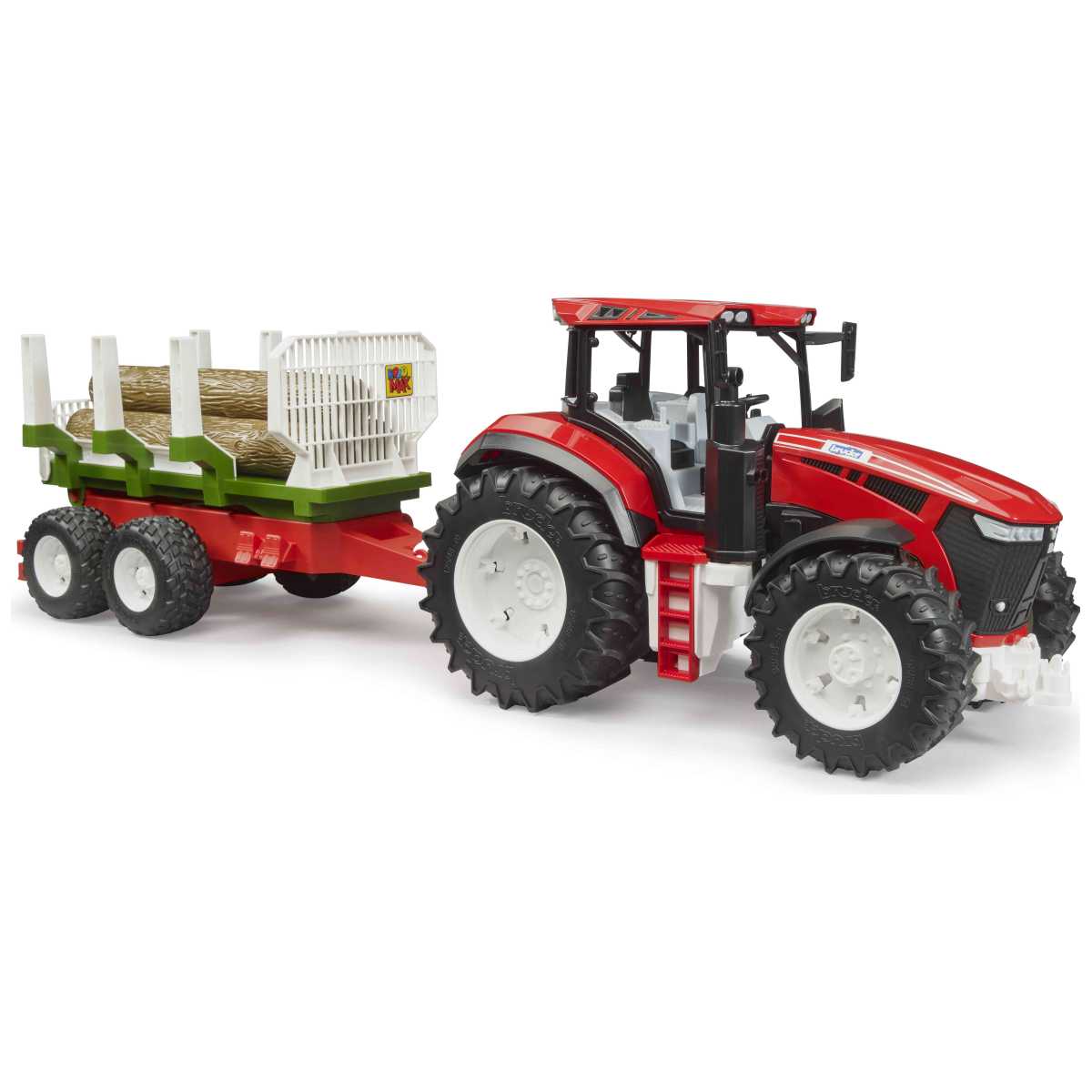 BRUDER 03453 ROADMAX Traktor mit Rückean- hänger und 3 Baumstämmen