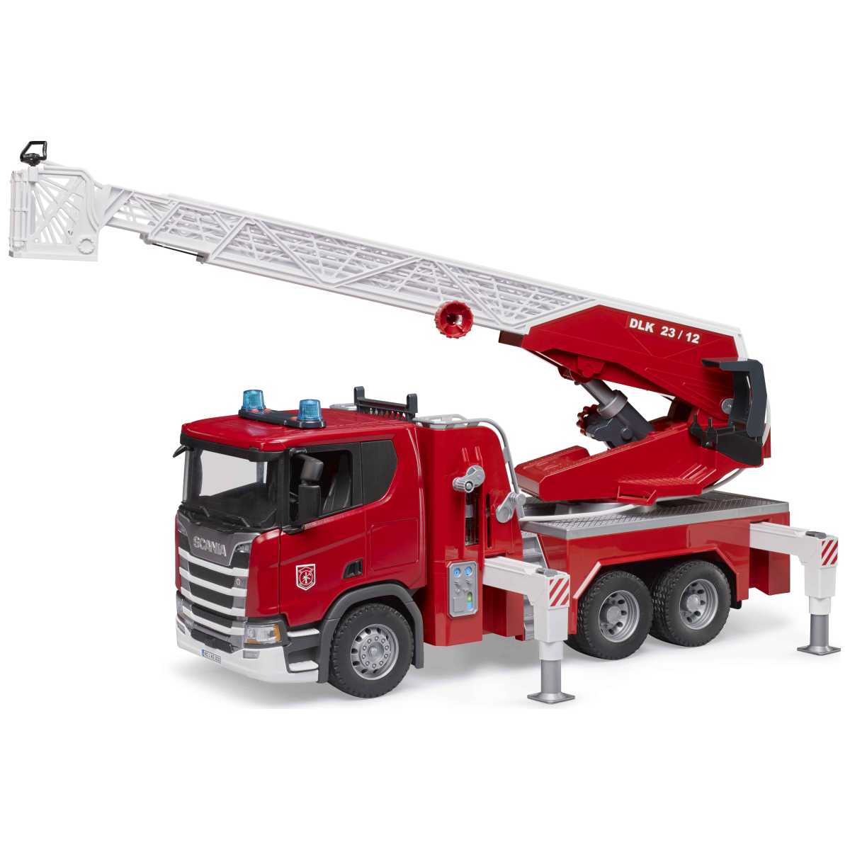 BRUDER 03591 Scania Super 560R Feuerwehr mit Drehleiter, Wasserpumpe und Light + Sound-Modul