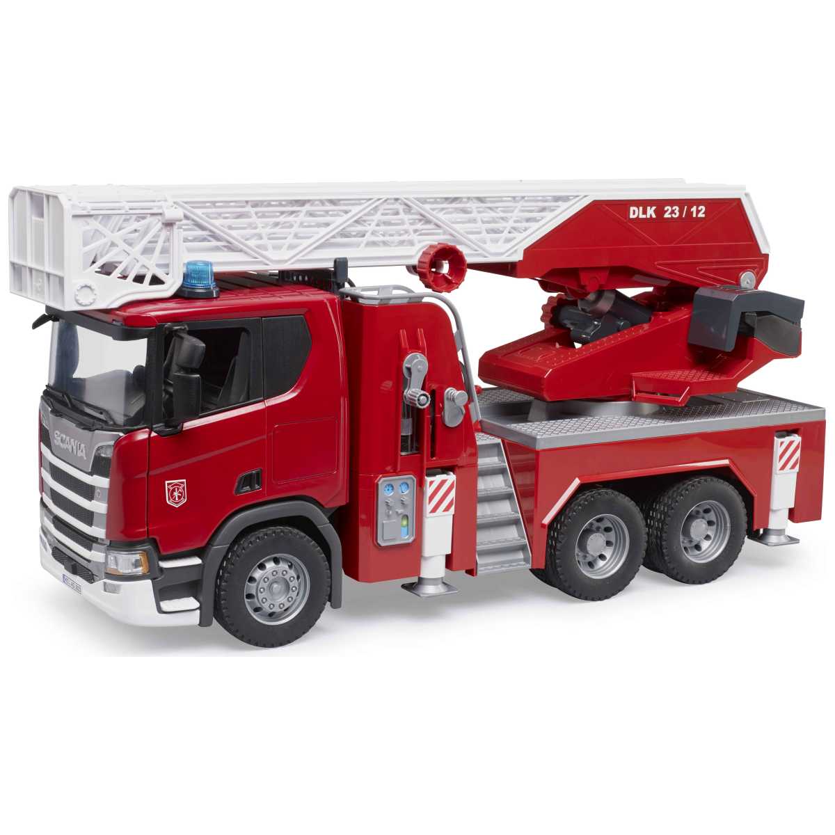 BRUDER 03591 Scania Super 560R Feuerwehr mit Drehleiter, Wasserpumpe und Light + Sound-Modul