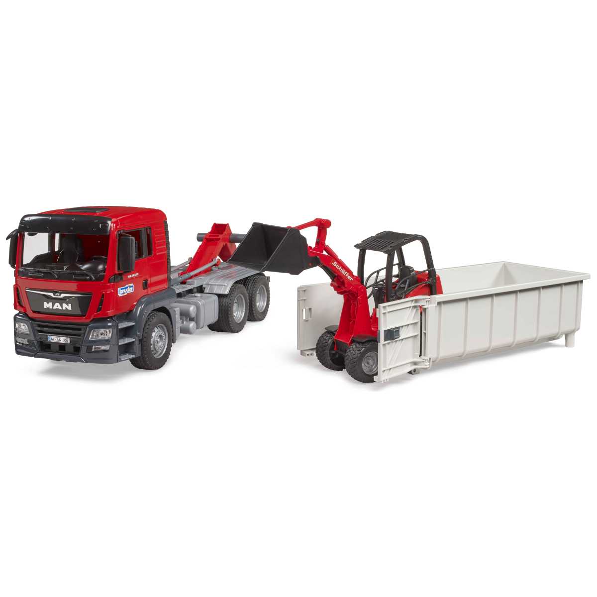 BRUDER 03767 MAN TGS LKW mit Abrollcontainer und Schäffer Hoflader 2630