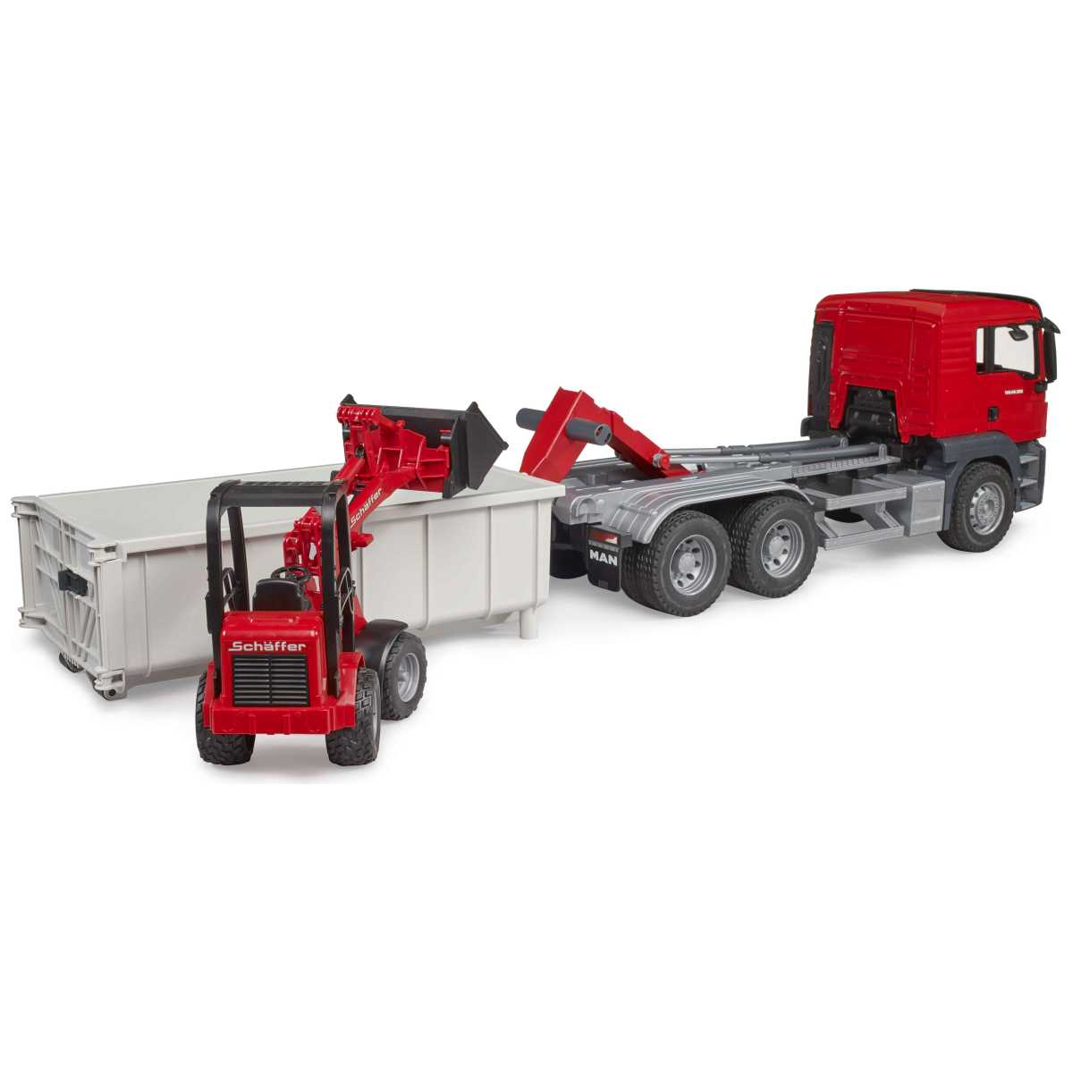 BRUDER 03767 MAN TGS LKW mit Abrollcontainer und Schäffer Hoflader 2630