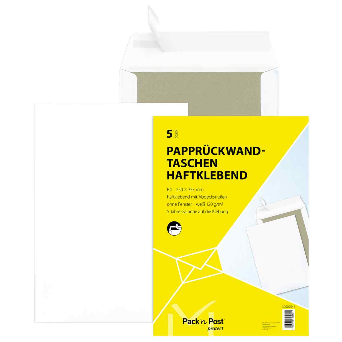MAILMEDIA Versandtasche B4 ohne Fenster haftklebend weiß mit Papprückwand 5 Stück 120g