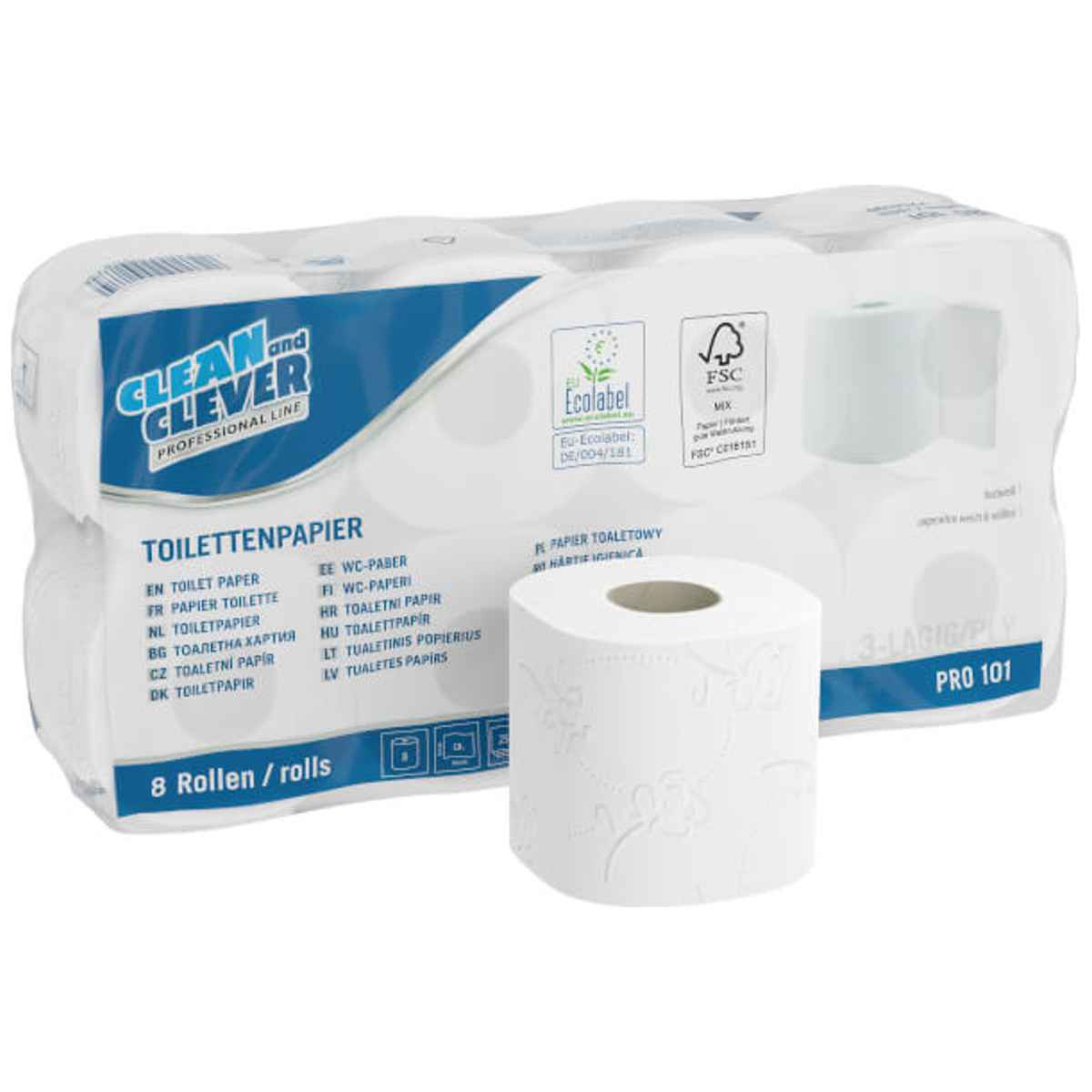 CLEAN and CLEVER Toilettenpapier 3-lagig weich weiß 250 Blatt 8 Rollen in Packung