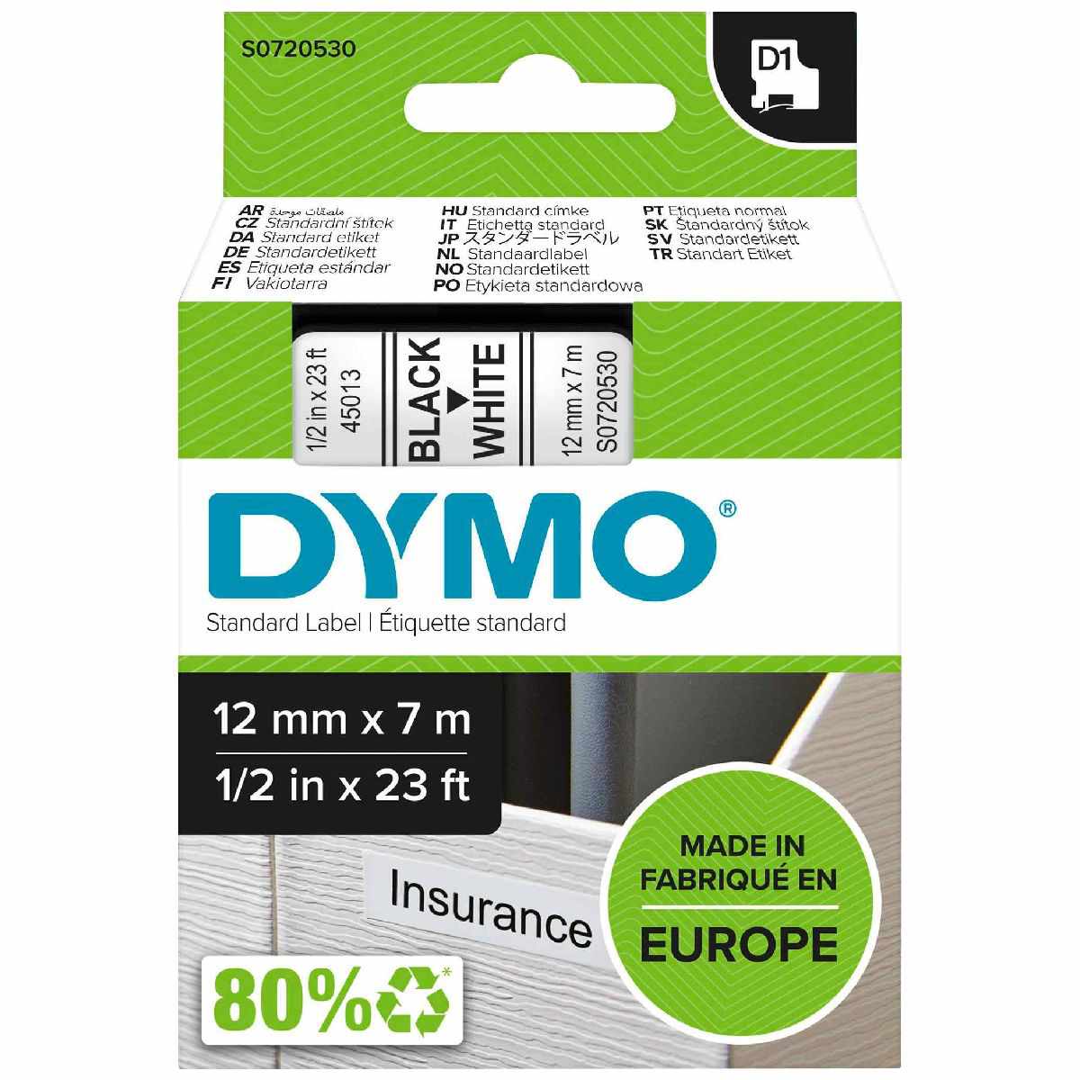 DYMO Schriftband D1 45013 12mm x 7m schwarz auf weiß