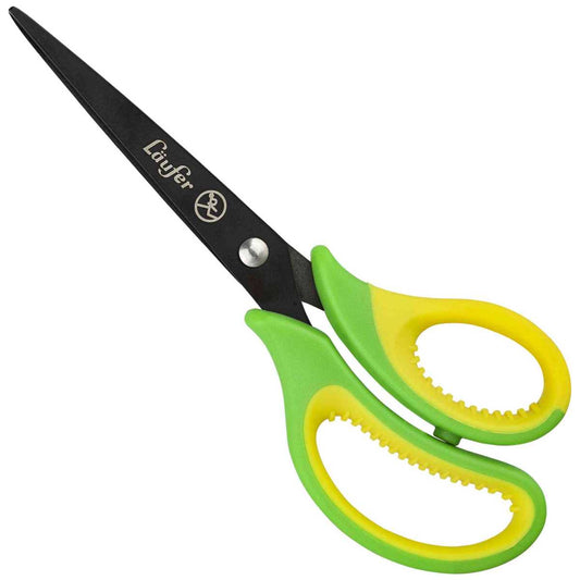 LÄUFER Bastelschere spitz mit Softgriff und Titan-Beschichtung grün / gelb -Linkshänder-