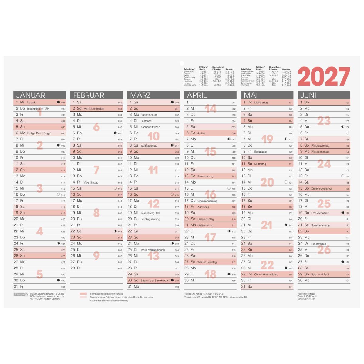 BRUNNEN Tafelkalender A3 2027 1 Seite = 6 Monate