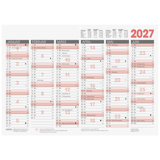 BRUNNEN Tafelkalender A3 2027 1 Seite = 6 Monate